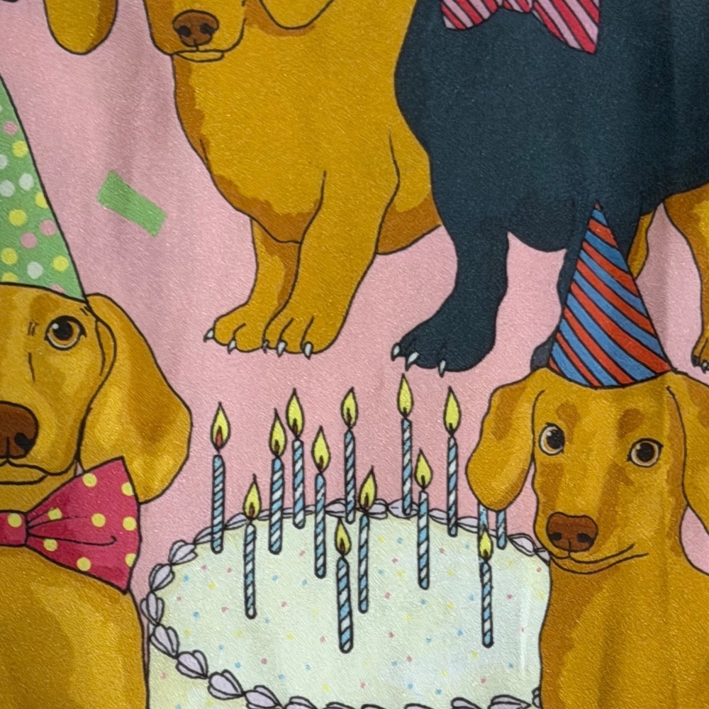 $135 Karen Mabon Hot Dog Birthday Satin Pajama Set Pink Dachshund Dog Print XL - Picture 11 of 12